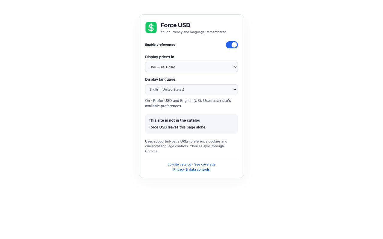 Force USD popup showing the enabled toggle, US dollar currency choice, English preference and privacy controls